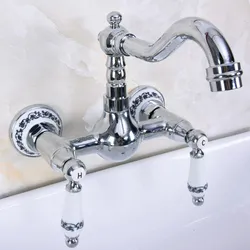 Polished Chrome Brass Wall Mounted Double Ceramic Handles Levers Bathroom Kitchen Sink Faucet Mixer Tap Swivel Spout anf962