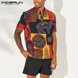 INCERUN мужская хлопковая рубашка на пуговицах в национальном стиле, винтажный принт под воротником, короткий рукав, оригинальный пуловер Camisa