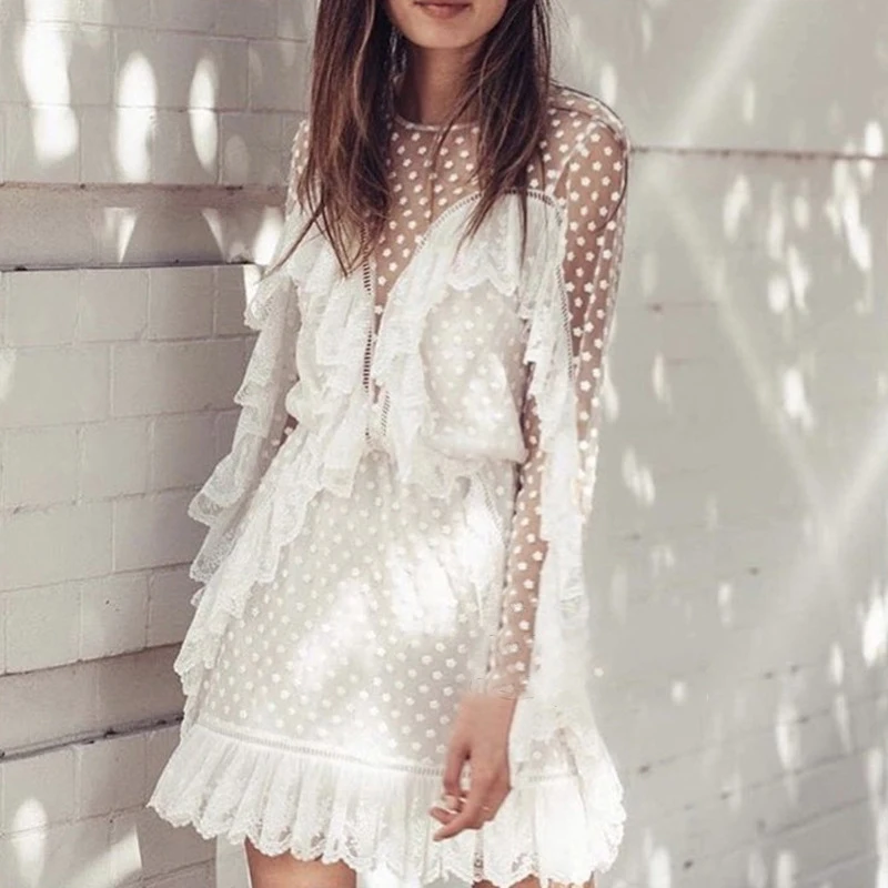 

Embroidered Five-pointed Star Hollow Out Sexy Mesh Lace Sexy Sweet Woman Mini Dress Holiday Party Vestidos Female Fashion 2019
