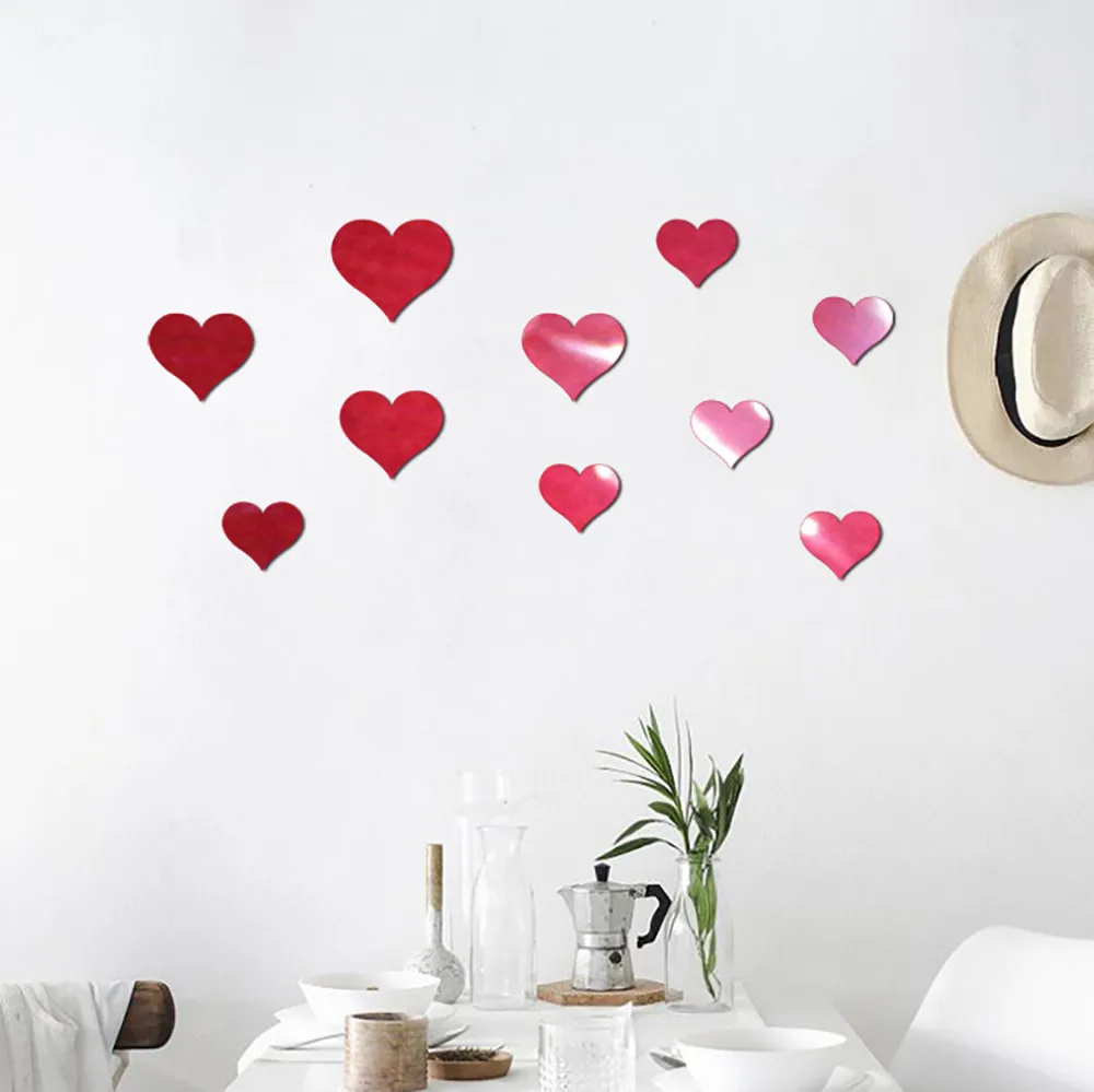 

2019 Valentine's Day Love Acrylic Mirror Sticker Red 10PCS Mural Decal 3D Mirror Wall Sticker Love Detachable Sticker Living Roo