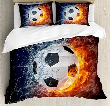 

Sports Decor Duvet Cover Set Soccer Ball on Fire and Water Flame Splashing Thunder Lightning Abstract 4 Piece Bedding Set
