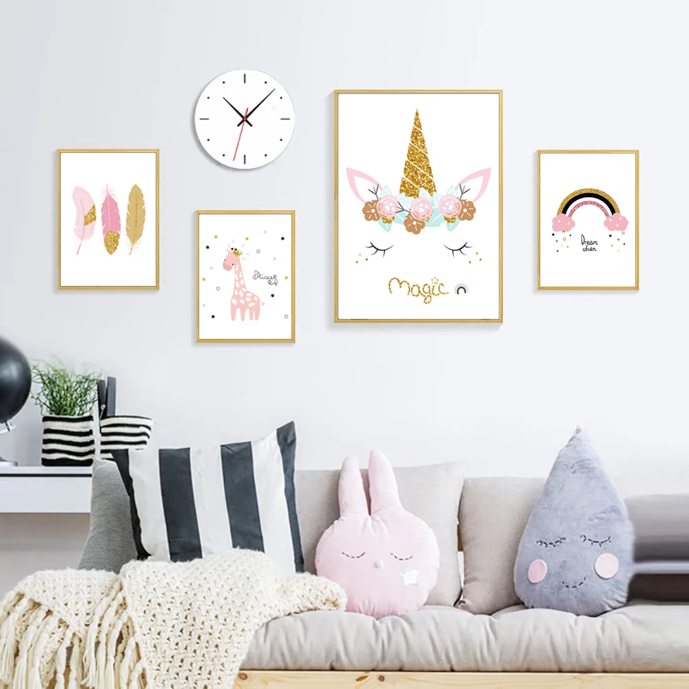 

Flower Watercolor Painting Animals Unicorn Canvas Painting Nordic Posters And Prints Nursery Giraffe Poster Feather Unframed