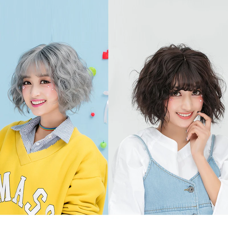 

23cm Short Light Gray/Dark Brown Curly Fluffy Anime Party Cosplay Wig+Cap Heat Resistant H765238B H765238N