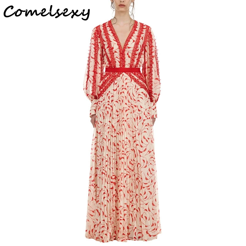 

Spring Women Vintage Floral Print Sexy V-Neck Long Dress Robe Femme Lantern Sleeve Lace Patchwork Chiffon Pleated Long Dress