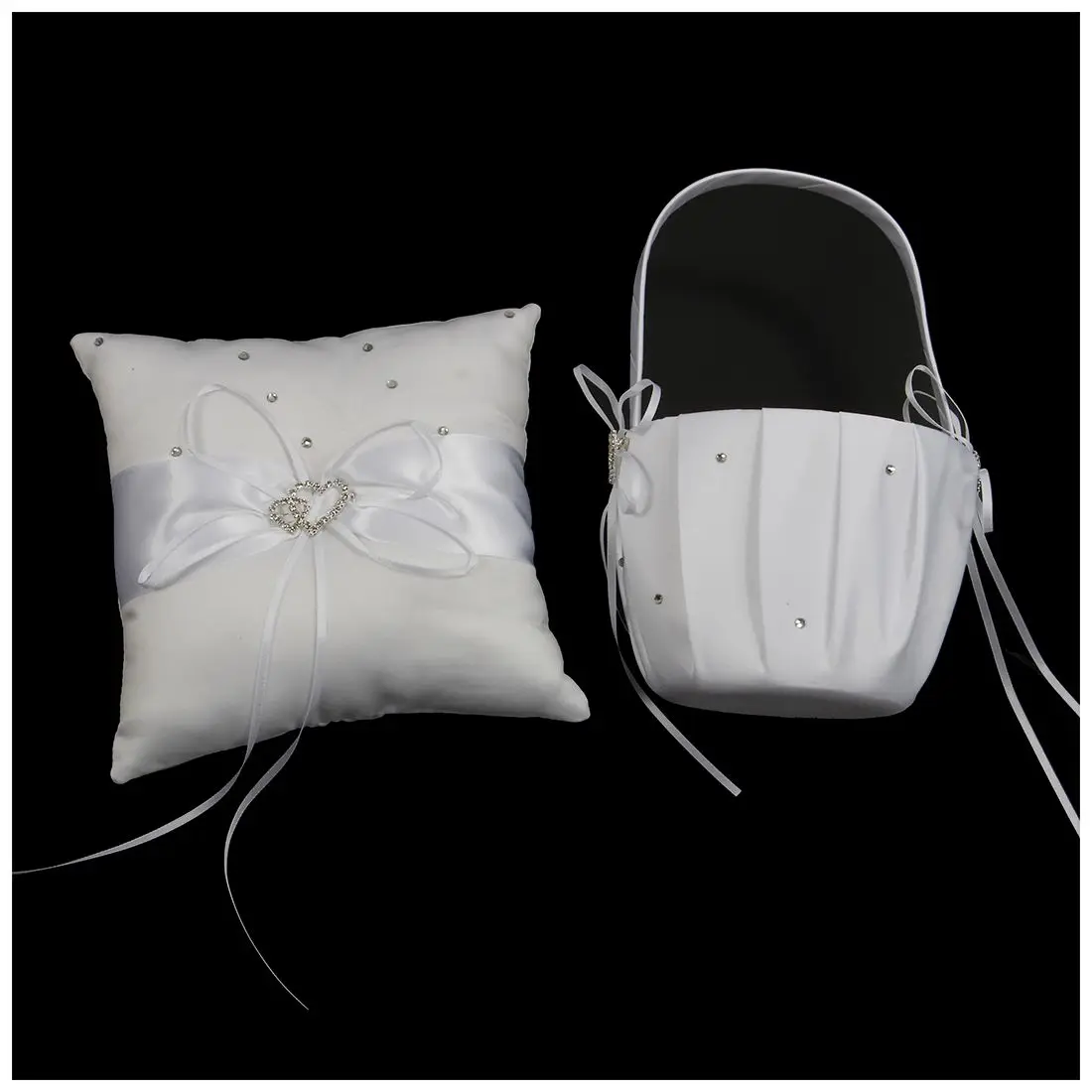 

2 Heart Rhinestones Ivory Satin Flower Girl Basket and Ring Pillow Set bleach
