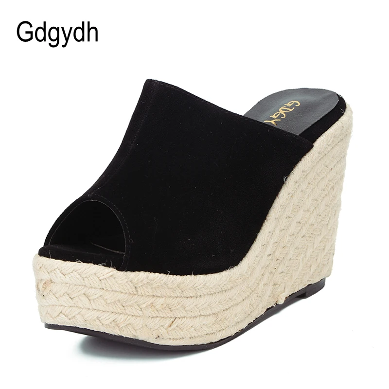 Gdgydh/Новинка года; Летние босоножки на танкетке; модная женская обувь на высоком каблуке без застежки; Черная Женская повседневная обувь из флока; размер 40