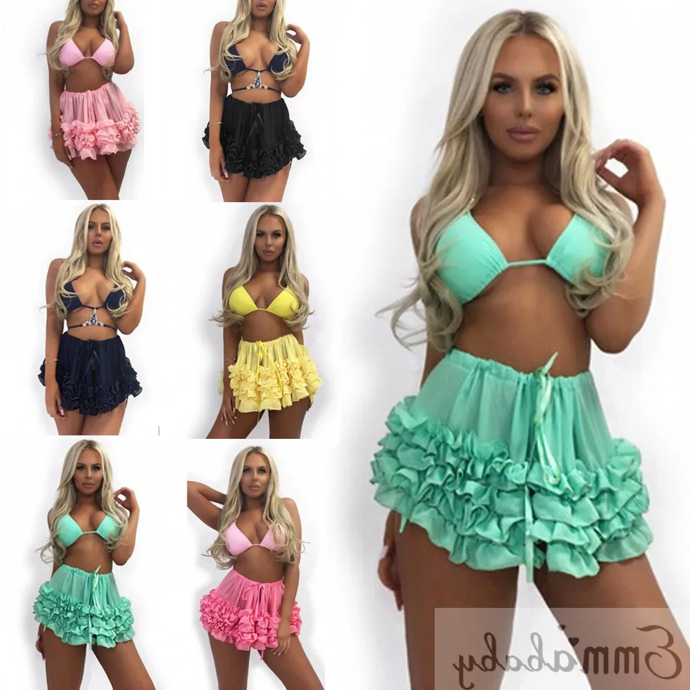 Sexy Women Summer High Waist Bikini Cover Up Skirts Ladies Solid Sheer Beach Wrap Mini Skirt