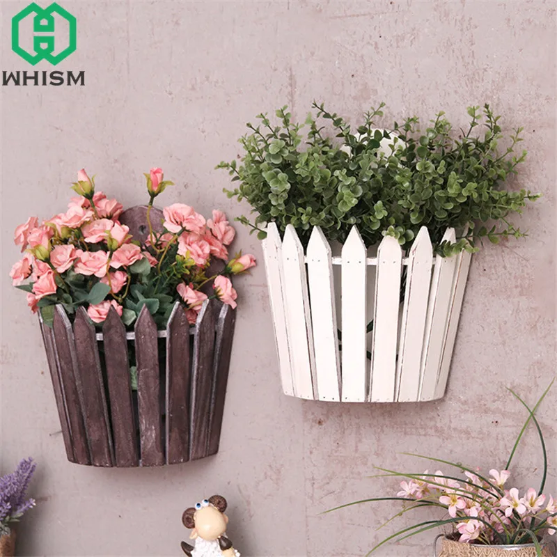 WHISM Handmade Small Fence Flower Pot Wood Hanging Basket Artificial Plants Vase Decorative Fake Flower Planter Garden Supplies