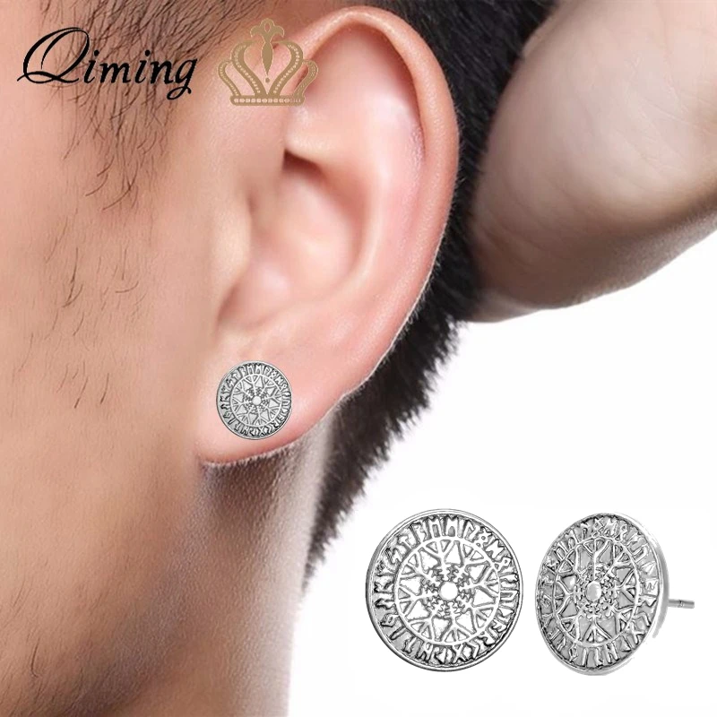 

QIMING Rune Trendy Silver Earrings 2018 New Style Antique Silver Viking Earrings For Women Men Jewelry Compass Stud Earring