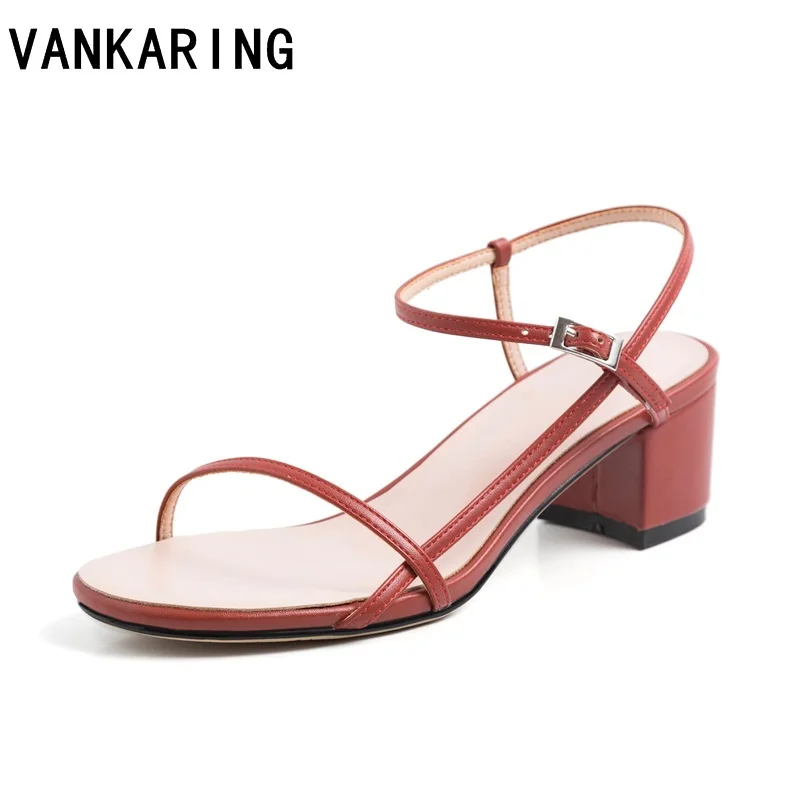 

VANKARING new brand shoes woman luxury design thick high heel leather sandals ankle strap cozy summer dress shoes beach sandals