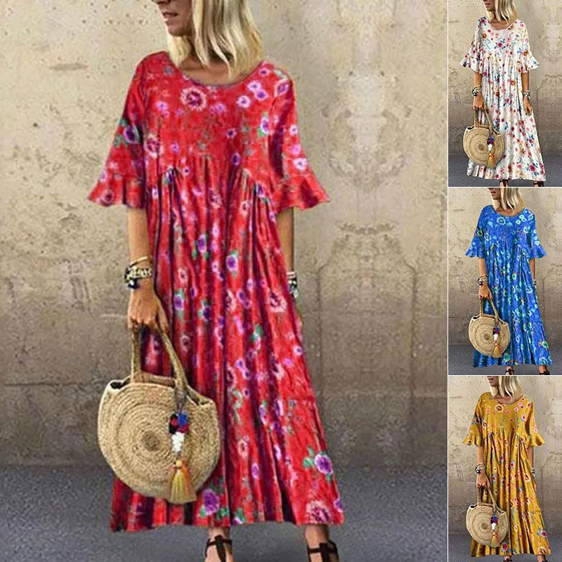 New Ladies Casual Loose Printed Short Sleeve Round Neck Beach Cocktail Party Boho Dress