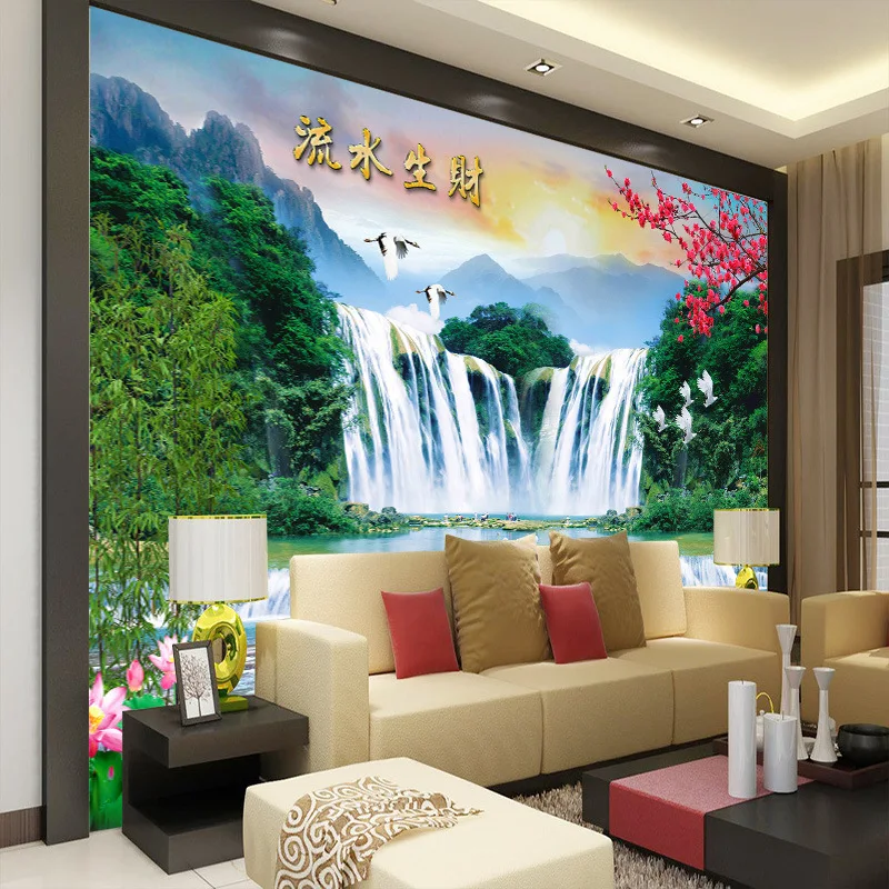 

Customized mural wallpaper large 3D Chinese style landscape with waterfall flower crane behind TV sofa as background in room