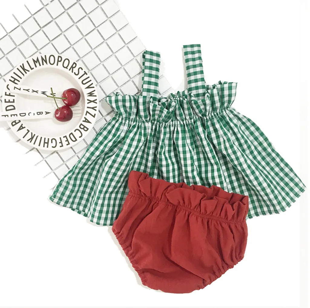 

2019 Newborn Infant Baby Kid Girl Straps Ruffle Print Plaid Tops+Shorts Outfits Set Baby products clothes rural Newborn set