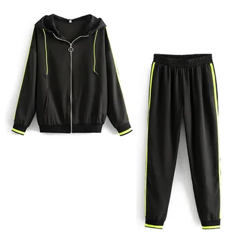 

Black Women Striped Hoodies Set 2019 Spring-Autumn Ladies Chic Street-wear Pullovers Oversize Jacket Girls Joggers Two Piece Set