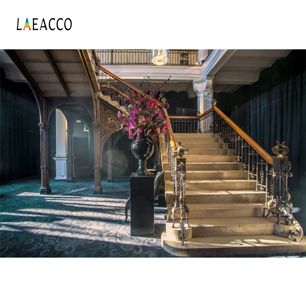 Laeacco Palace Interior Stairs Flowers Arch Door Photography Backgrounds Customized Photographic Backdrops For Photo Studio