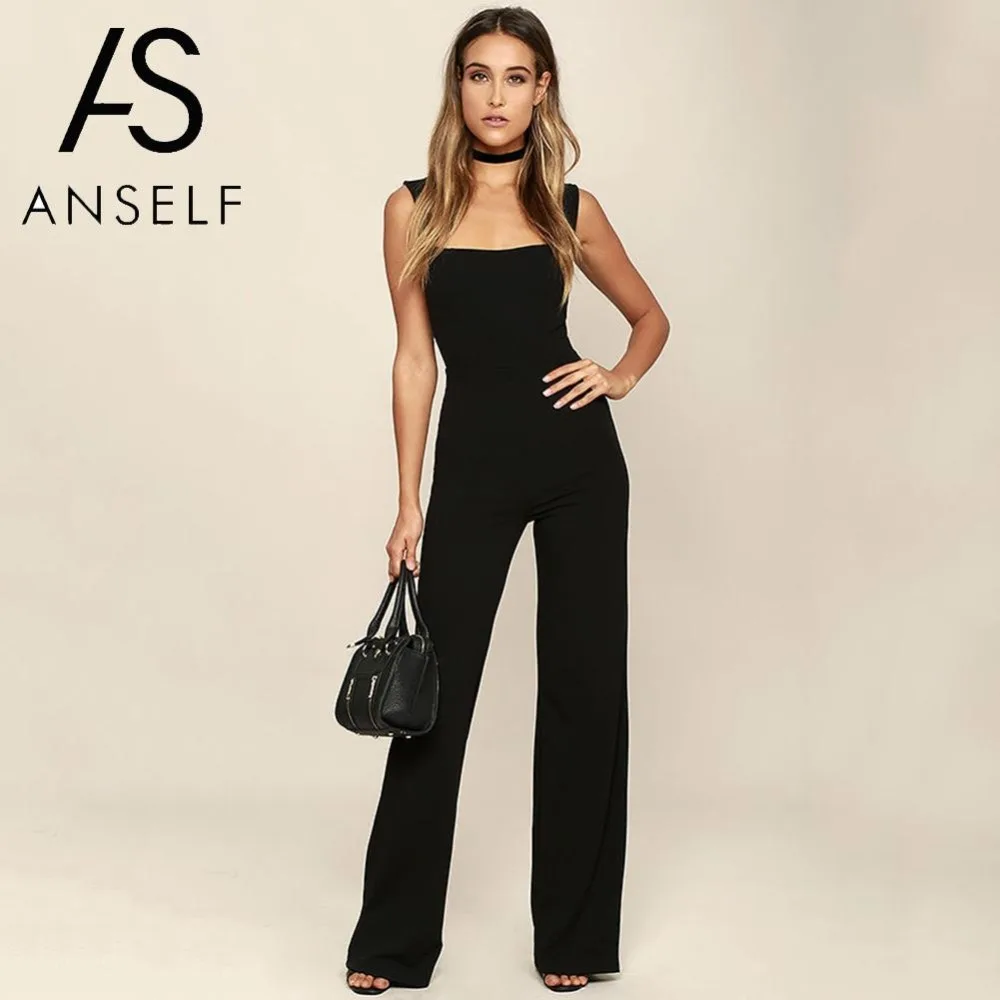 

Long Pants Jumpsuit Women Overalls Elegant Ladies Rompers Flared Pantsuit Sleeveless Back Zipper Playsuit female dungarees Black