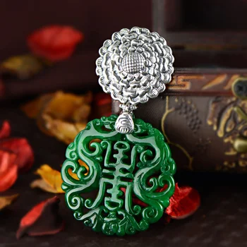 

Real Pure Sterling Silver 925 Green Jade Pendant For Women Natural Gemstone Antique Retro Pendant Charm Amulets And Talismans
