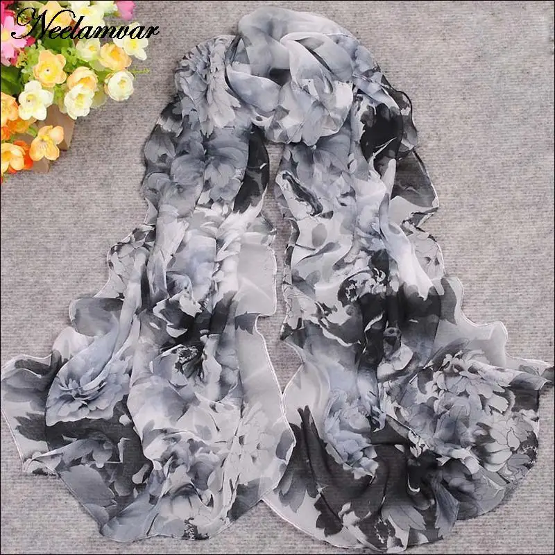 

new 2019 spring and summer chiffon georgette scarf shawl women thin long peony flower leaves pattern scarves stoles wholesale