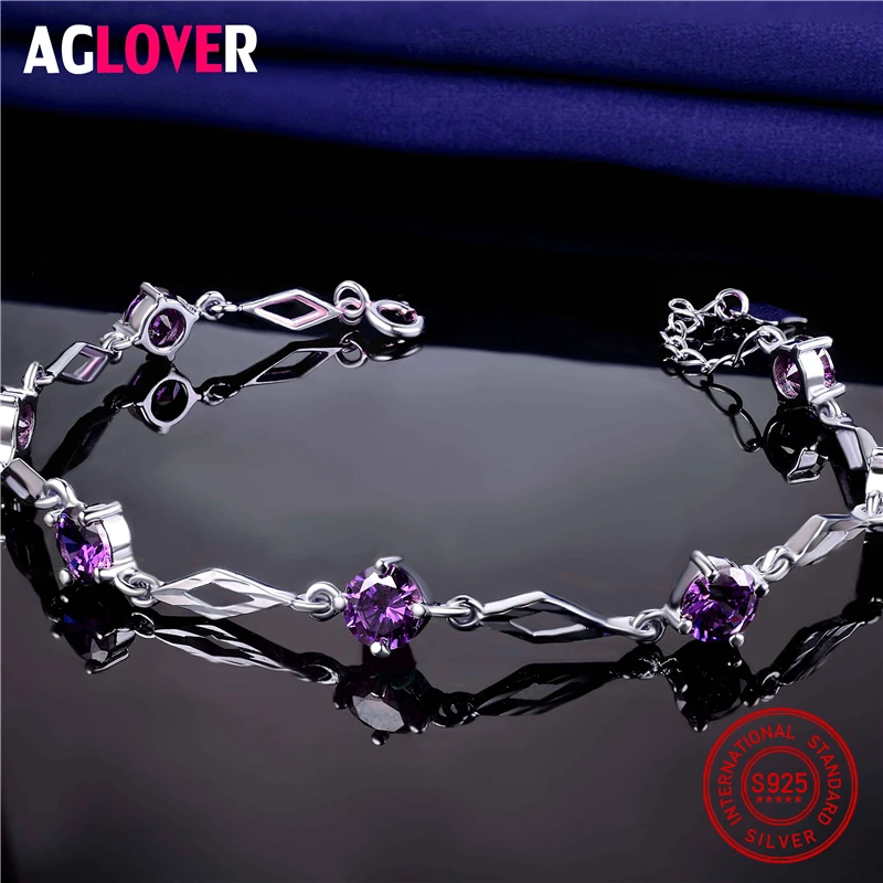 

Original Authentic 925 Sterling Silver Bracelet White / Purple Zircon Chain Charm Bracelet Woman / Couple Bracelet Jewelry