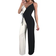 Women Wide Leg Long Pants Jumpsuits Sleeveless Patchwork With Belted Jumpsuit Romper Woman Casual Overalls self belted wide leg shorts
