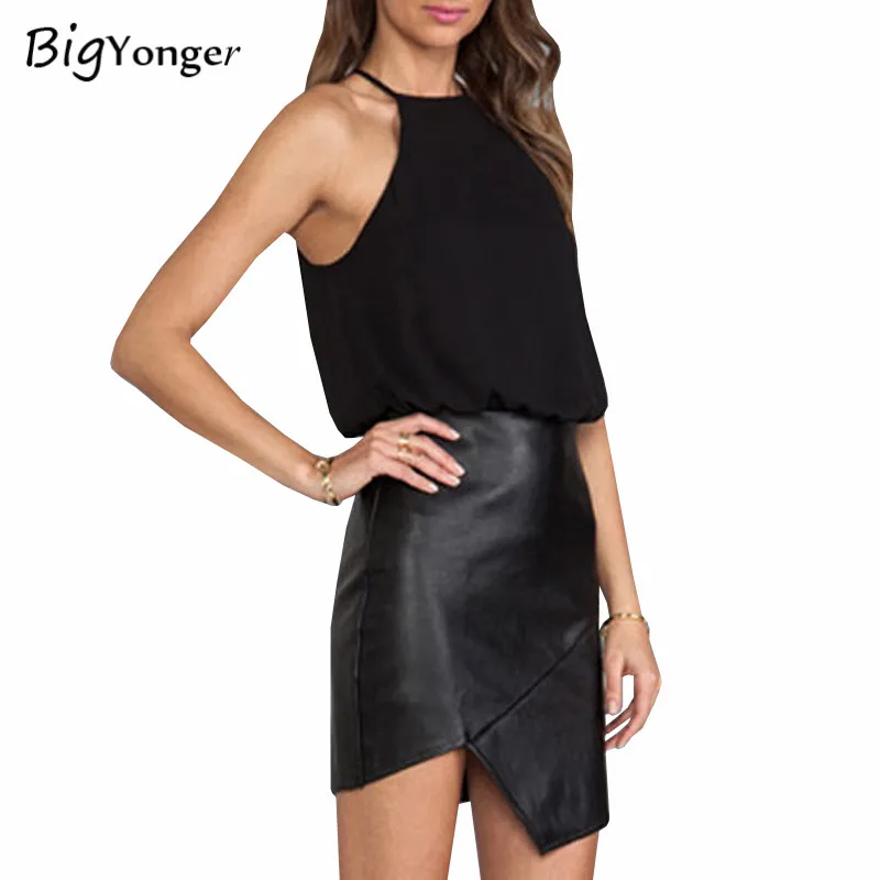 Asymmetrical leather skirt Fashion black skirt summer skirts PU mini