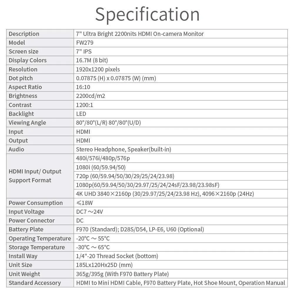 Feelworld FW279 7 ''ips 2200nit монитор дневного света HDMI Full HD 1920x1200 Feild DSLR камера с функцией ложного цвета