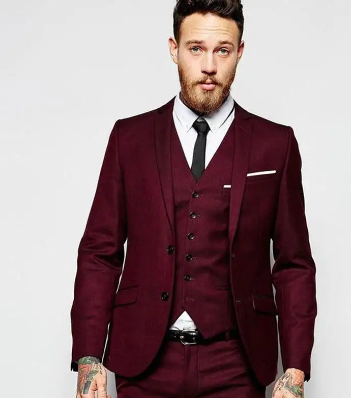 Mans Fashion Three Pieces Burgundy Suits Custom Make Groom Suit (jacket