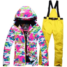 Новая женская двойная ветрозащитная водонепроницаемая, Лыжный спорт куртка с толстой тепловой дышащей женской лыжной курткой+ брюки