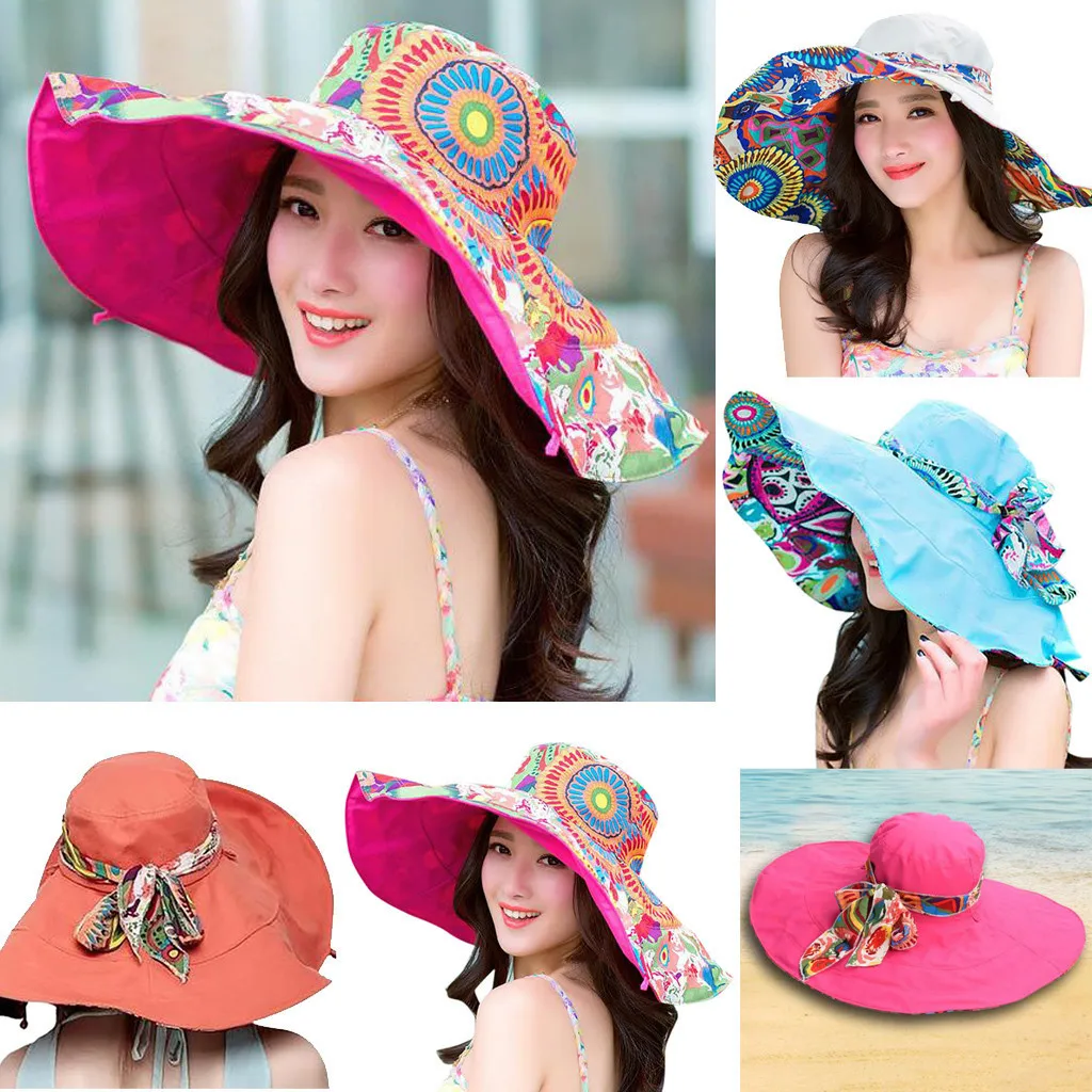 Новые повседневные уличные летние шляпы для женщин, украшенные дамскими принтами, двухсторонняя Складная пляжная шляпа, Пляжная соломенная шляпа с бантом от солнца