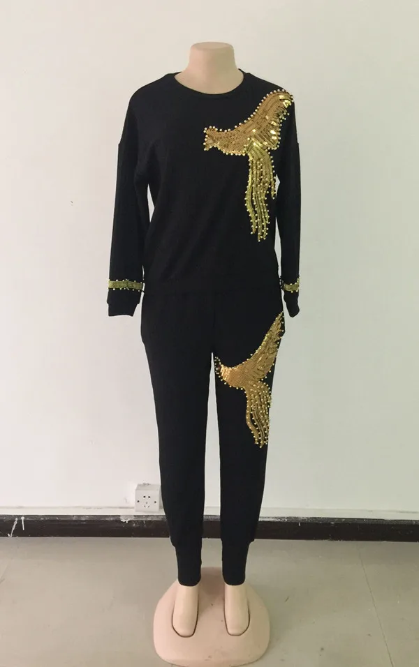 Tilapia, модный топ с блестками и штаны, два предмета, Однотонный женский комплект, 2в1, повседневный черный эластичный свободный костюм - Цвет: black