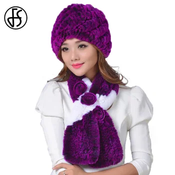 

FS Elegant Winter Women Rex Rabbit Fur Hat And scarf Two Pieces Set For Female Purple Gray Red Fashion Warm Caps