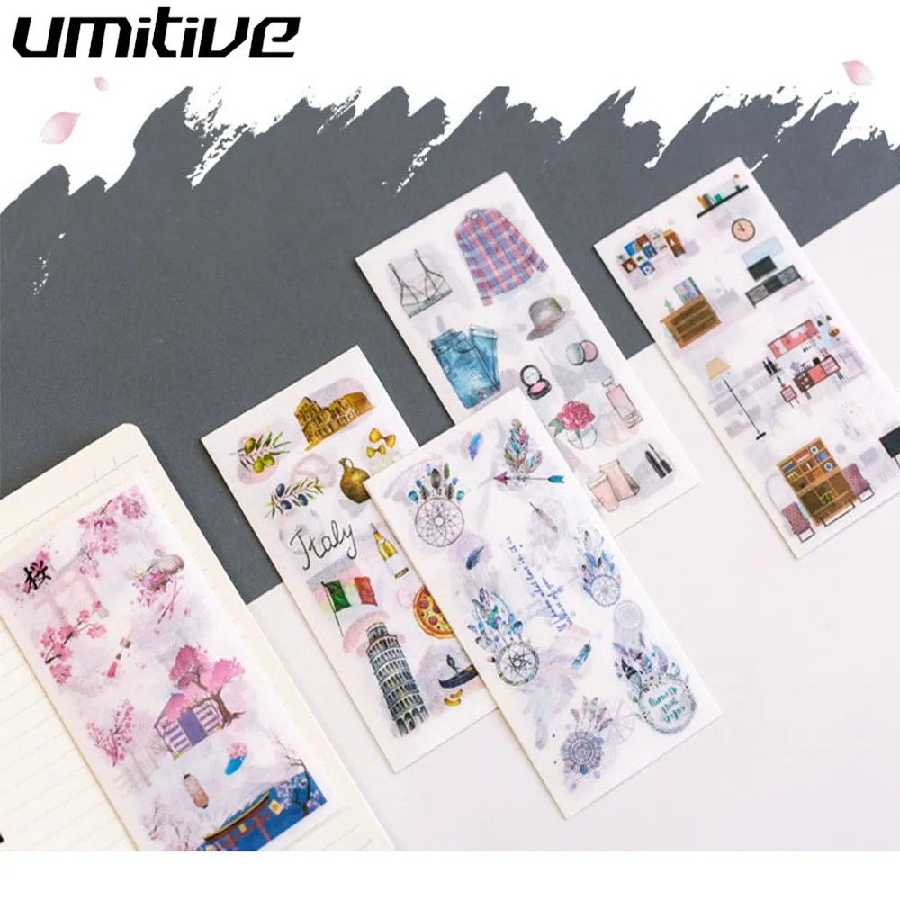 

Umitive 6 sheets Decorative Scrapbooking Stick Label Diary Stationery Album Stickers Watercolor Cartoon Stickers Random Color
