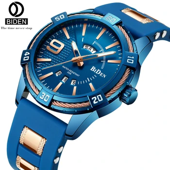 

BIDEN Men Blue Silicone Quartz Watches Man Fashion Auto Date Week Watch Wristwatches Male Business Casual Auto Date Watch 0137