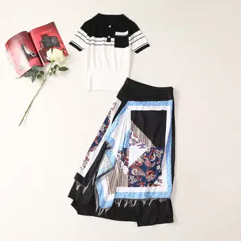 

New styles for women's clothing in the summer of 2019 Fashion short sleeve knit T-shirt Irregular print skirt suit