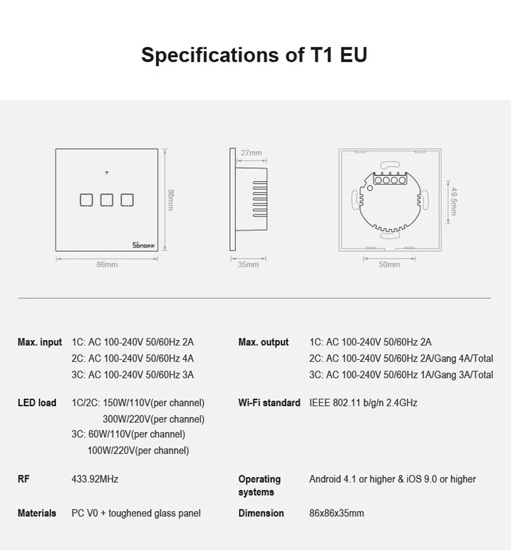 Itead Sonoff T1EU 1/2/3 433 МГц RF контролируемых настенный Wi-Fi адаптер умный дом переключатель с RM433 работает с Alexa Google Home