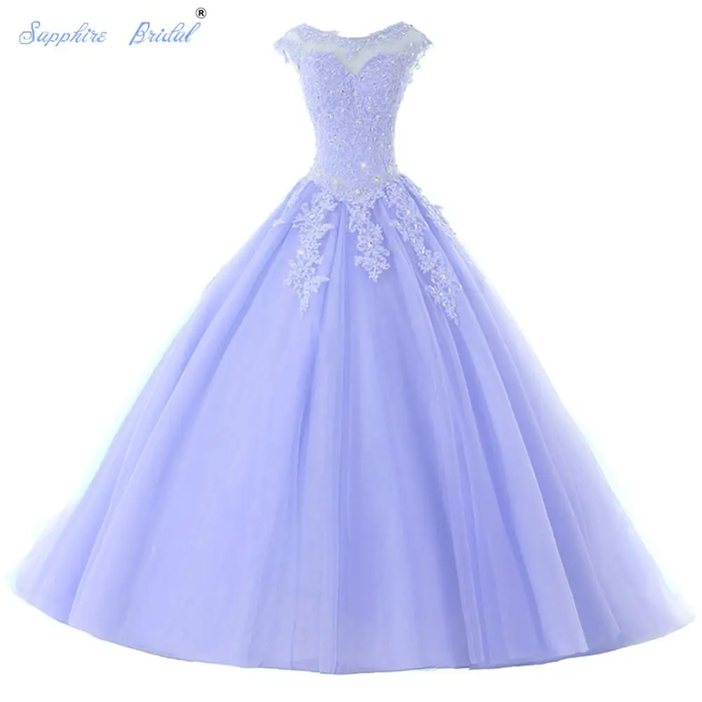 39-lavender Сапфировые Свадебные Длинные вечерние платья Vestido De 15 Anos De cap рукав кружево открытая спина Лаванда бирюза Бисероплетение Бальные платья - Цвет: 39-lavender