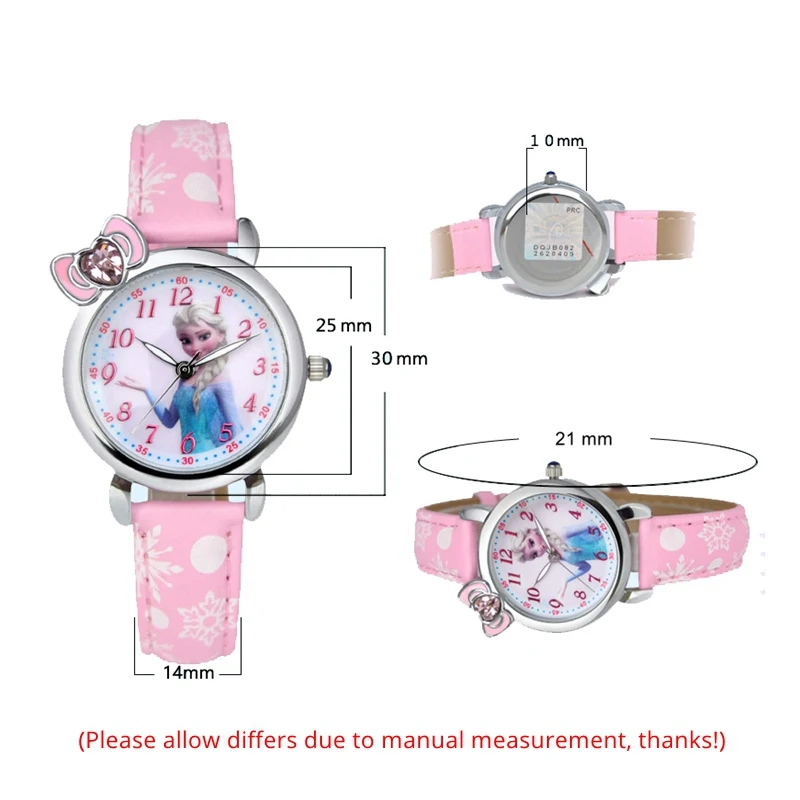 Disney Frozen Elsa Princess Cute Girls Bowknot Snowflake Leather Quartz watch Pretty student Kids Cartoon Clock Children Gift