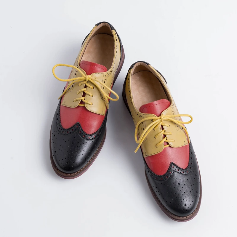 Xiuningyan/; женская обувь с перфорацией типа «броги»; винтажные разноцветные женские оксфорды из натуральной кожи на шнуровке; женская повседневная обувь на плоской подошве - Цвет: red yellow black