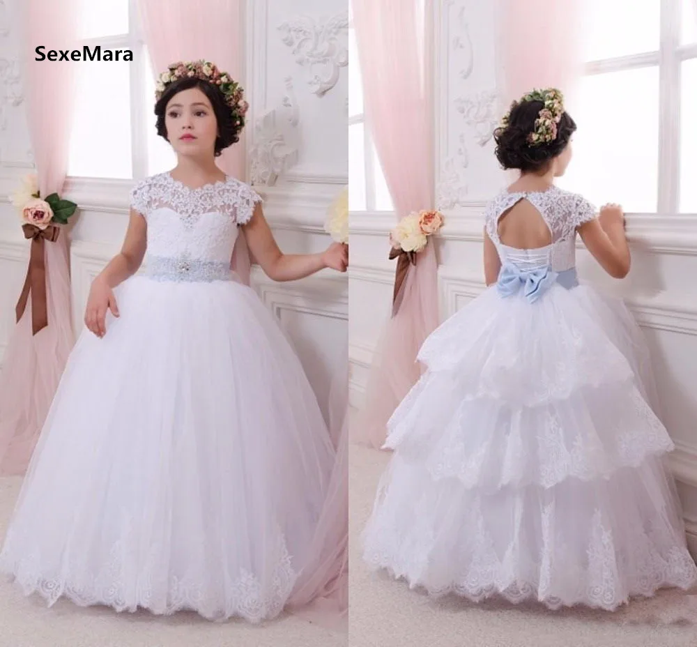 

New White Customized Flower Girls Dresses for Wedding A Line Tiered Tulle Lace Girls Puffy Christmas Dress Pageant Birthday Gown