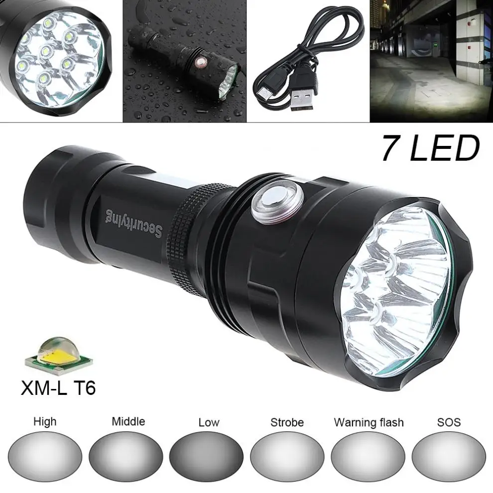 

SecurityIng Waterproof LED Flashlight Super Bright 3800 Lumens XM-L T6 7 LEDs with USB Cable,6 Modes Light for Household/Outdoor