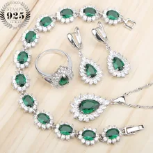Зеленый циркон костюм серебро 925 Ювелирные наборы для женщин камни серьги кулон и ожерелье кольца свадебный набор ювелирных изделий Подарочная коробка