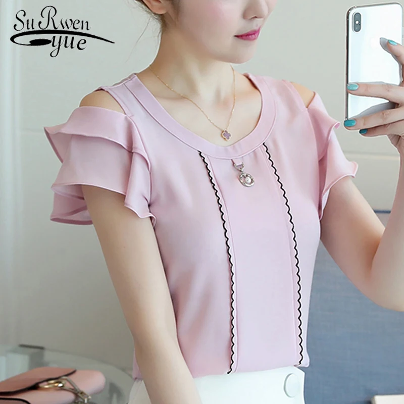 

summer chiffon women blouse shirt fashion 2018 short sleeve strapless women's clothing top pink women tops shirt blusas D878 30