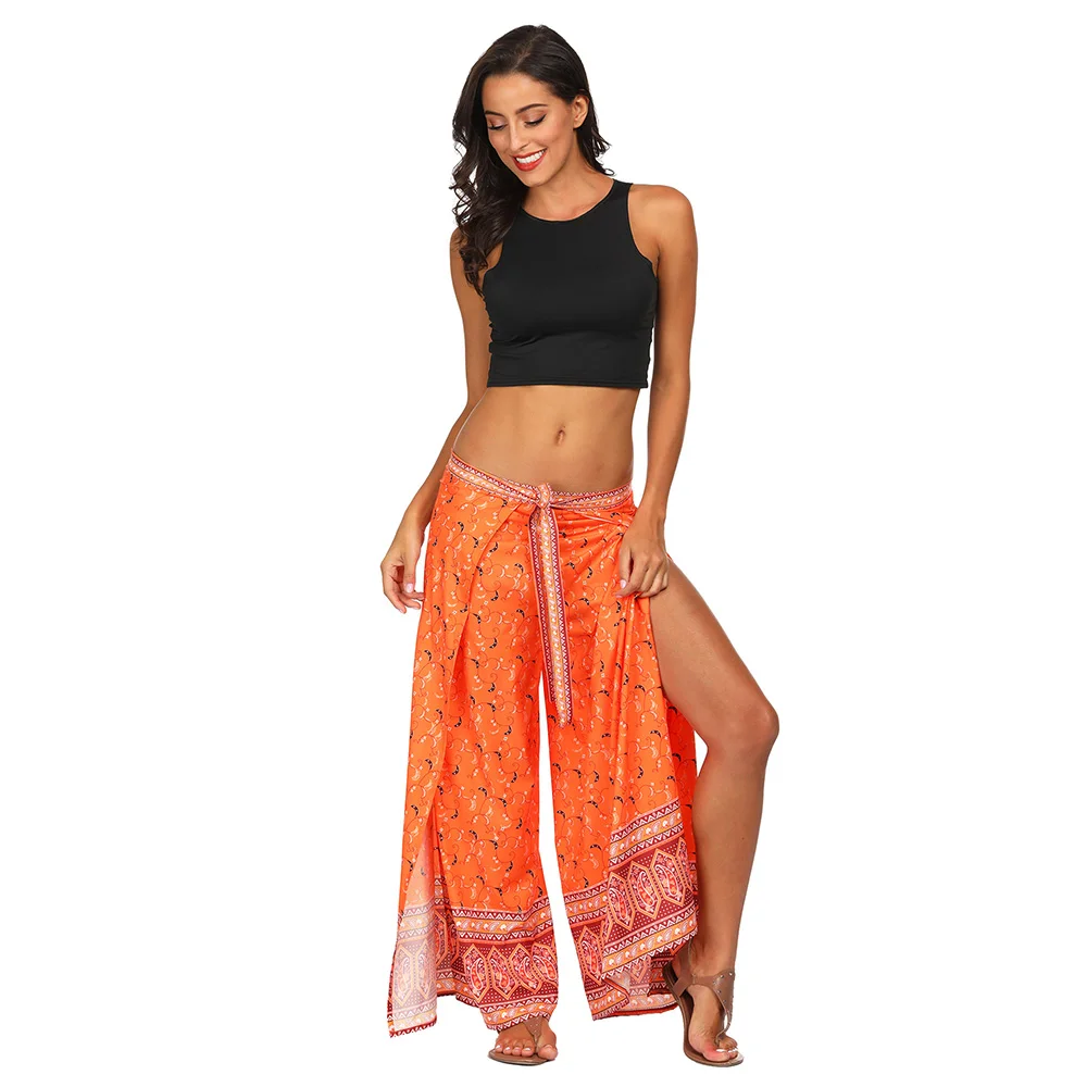 Bohemia Style 3D Print Flower Pattern Print Women Bandage Wide Leg High Split Summer Spring Elastic Waist Long Loose Trousers Bohemia Style 3D Print Flower Pattern Print Women Bandage Wide Leg High Split Summer Spring Elastic Waist Long Loose Trousers