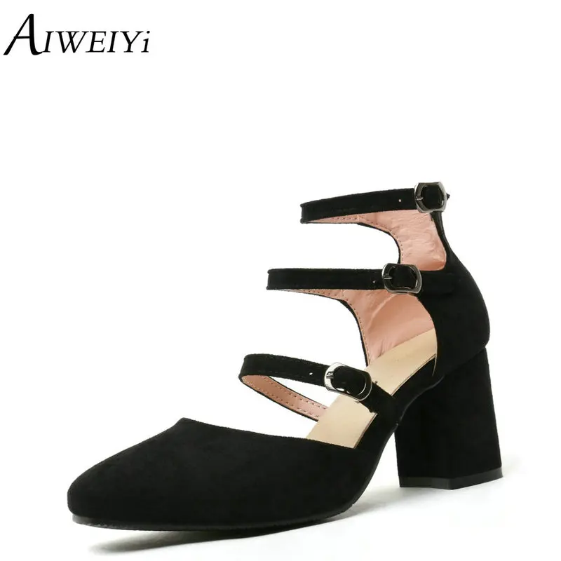 

AIWEIYi Black Red Shoes Woman Square High Heels Ankle Buckle Strap Platform Court Shoes Girl Wedding Shoes