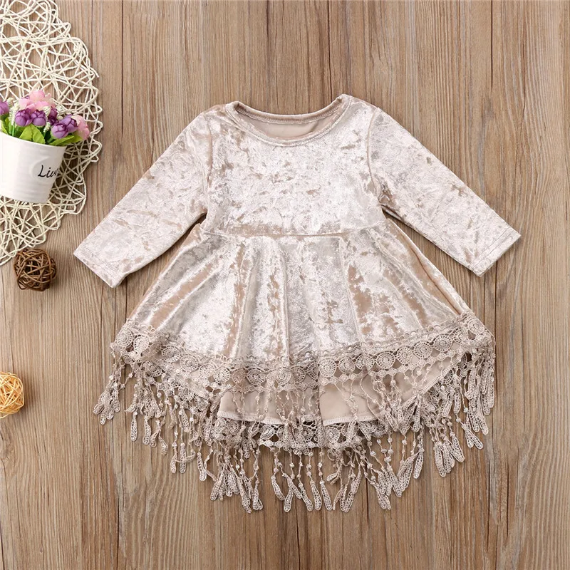 

Baby Girl Vintage Princess Dress Kids Velvet Lace Tassel Patchwork Dresses Casual Baby Long Sleeve Dresses Asymmetrical Vestidos