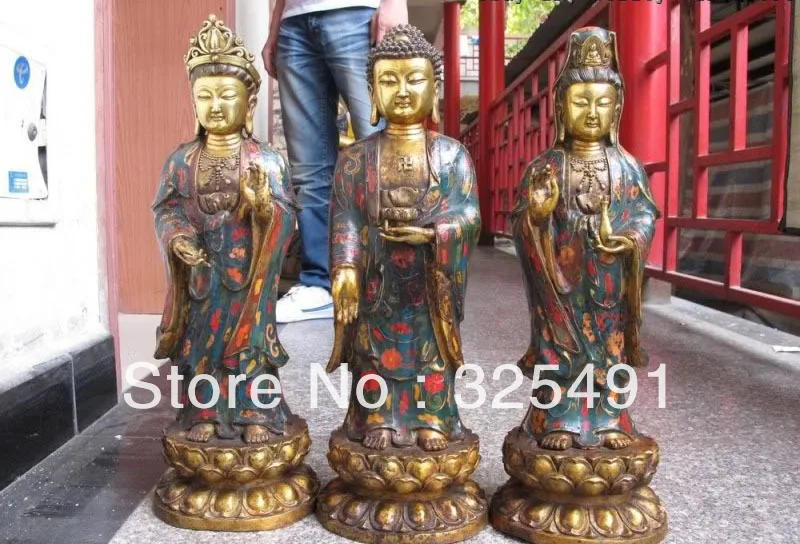 

Tibet Bronze Gilt cloisonne Three Saints of the West GuanYin Kwan-Yin Buddha Set z free shipping