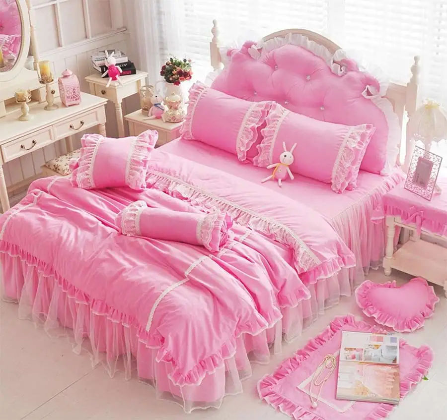 

Green ruffle lace single double bed set girl,cotton twin full queen king fresh sweet bedclothes bedskirt pillowcase quilt cover