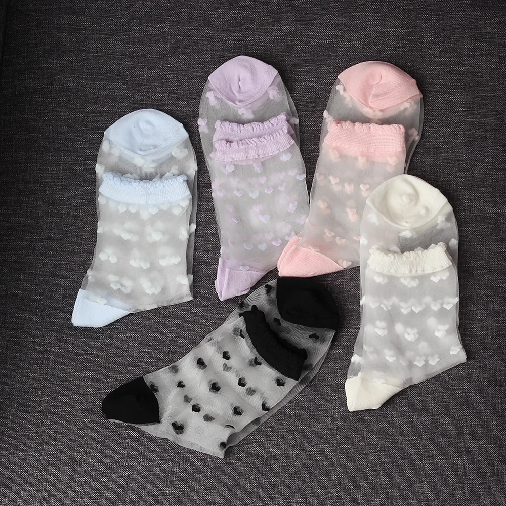 Summer Style Women Girls Love Pattern Cotton Blended Ultra thin Socks Transparent Crystal Short Glass Silk Sock