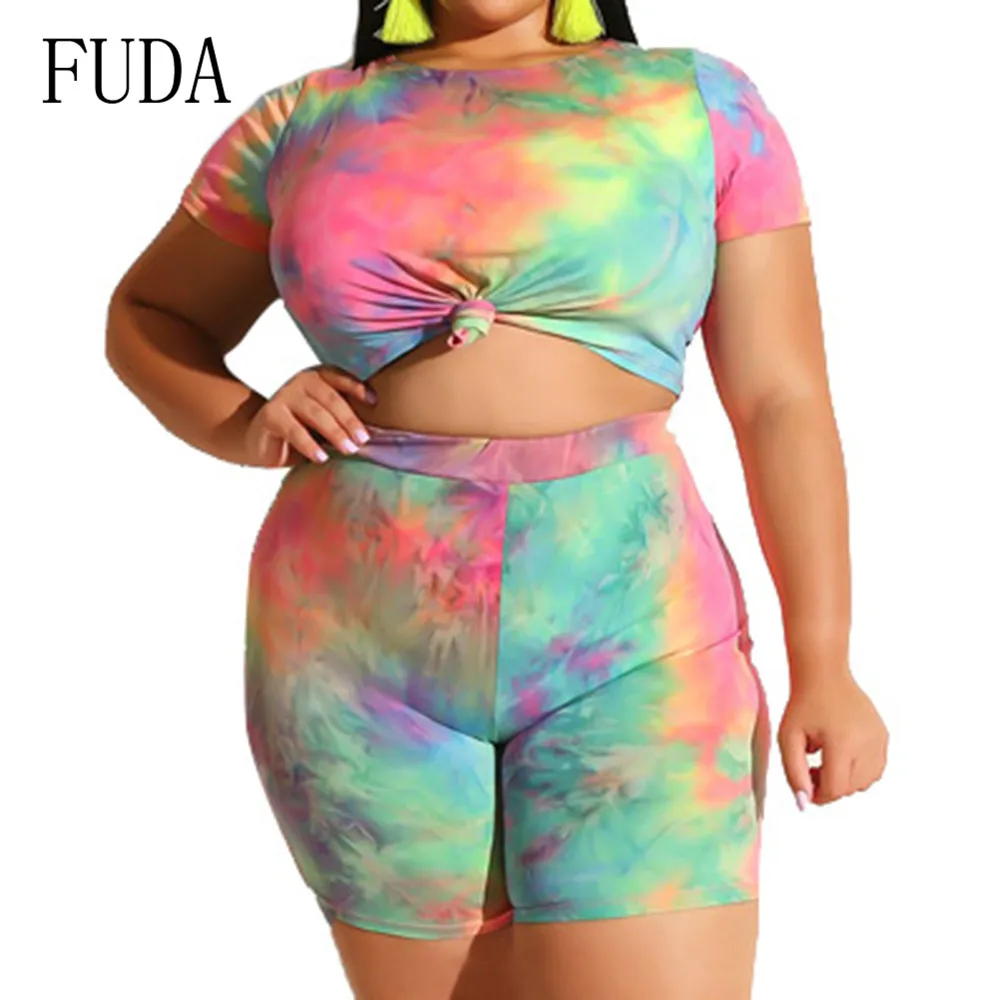 

FUDA Two Pieces Sets Large Size 3XL Playsuits Women Bodycon Rompers Bodysuits Short Sleeve Printed Casual Summer Overalls