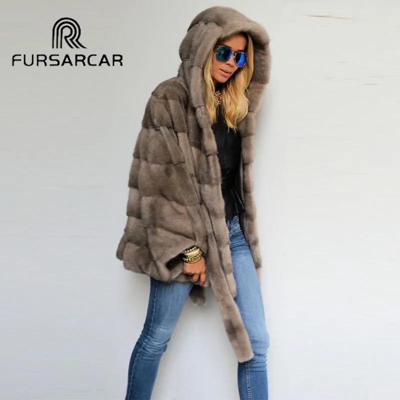 Новое поступление шубы FURSARCAR из натуральной норки женская шуба с меховым